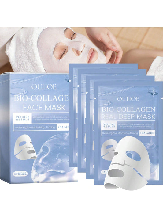 4PCS Bio-Collagen Glow Mask Overnight, Korean Deep Hydrating Firming Hydrogel Mask With Pure Collagen Films For Real Deep Mask Nourishing Experience, Suitable For All Skin Types