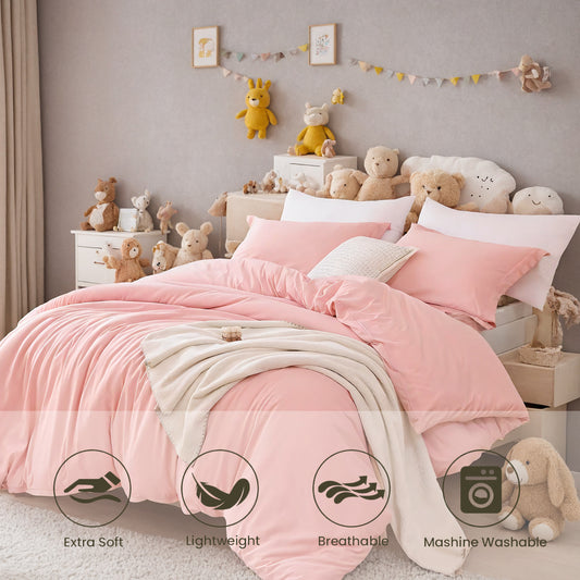 Three-piece Bedding Set With Solid Color Quilt Cover And Pillowcase, Three-piece Bedding Set - Super Soft Microfiber Hotel Series - Brushed Super Soft And Machine Washable, Cute Pink Three-piece Set W