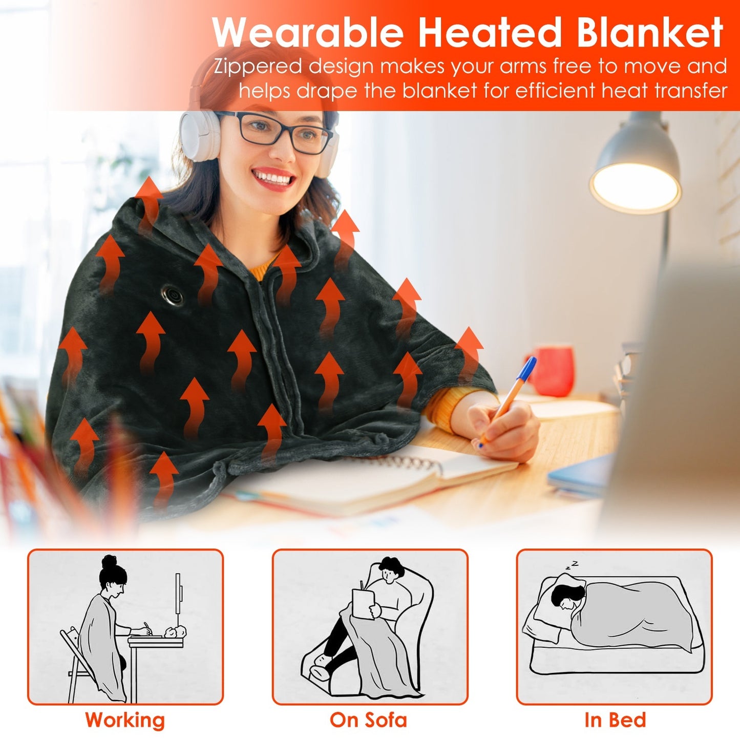 59x31in USB Heated Blanket Electric Heated Blanket Heated Poncho Shawl Wrap Throw With Zipper Washable For Home Office No Power Bank Compatible With CJCD2415461
