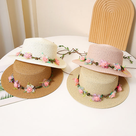 Women's Flat Straw Hat Sun Protection Hat Sun-proof Western Style Beach Hat