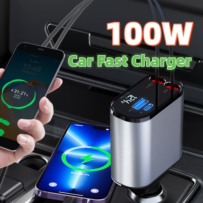 Metal Car Charger 100W Super Fast Charging Car Cigarette Lighter USB & Apple & Android & TYPE-C Adapter
